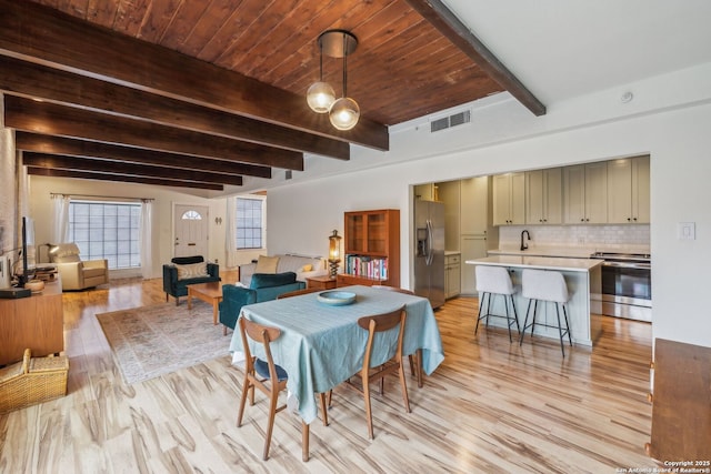 dining space featuring wood ceiling, light wood-style flooring, beam ceiling, and visible vents