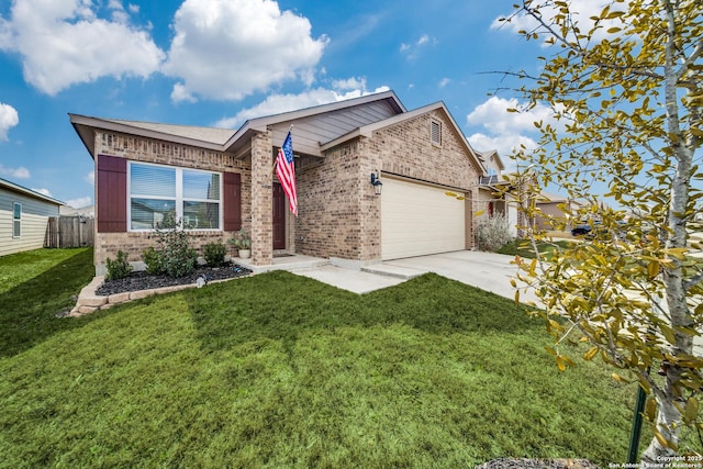 single story home with a garage, driveway, a front lawn, and brick siding