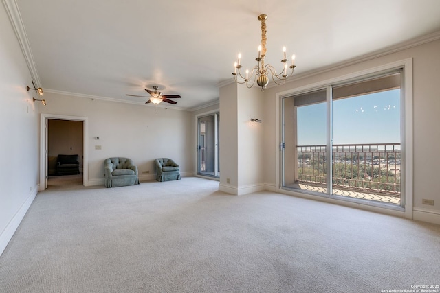 unfurnished room with baseboards, carpet, and crown molding