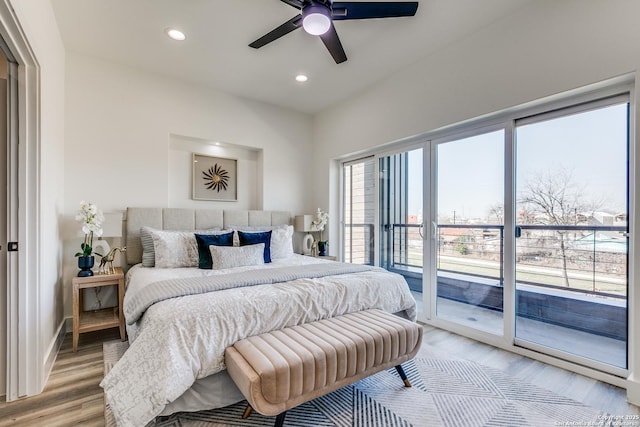 bedroom with baseboards, ceiling fan, access to exterior, light wood-type flooring, and recessed lighting