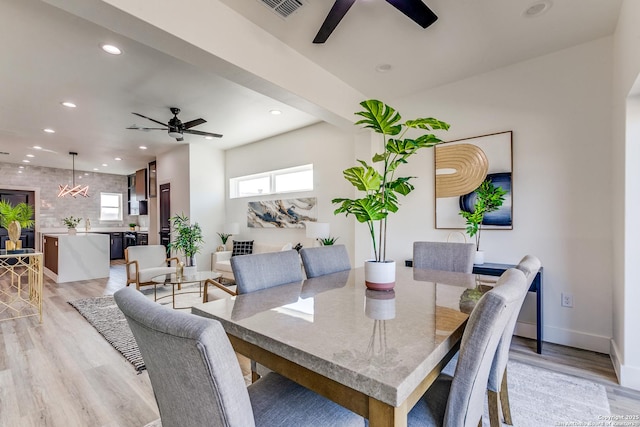 dining room featuring a ceiling fan, recessed lighting, visible vents, and light wood finished floors