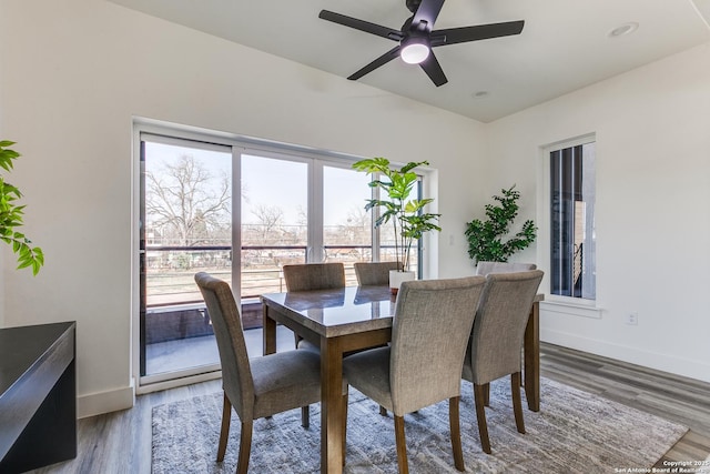 dining area with wood finished floors, a ceiling fan, and baseboards