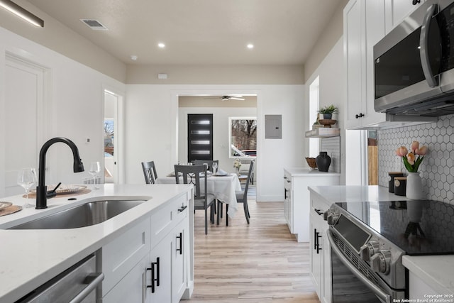 kitchen featuring appliances with stainless steel finishes, white cabinetry, a sink, and tasteful backsplash