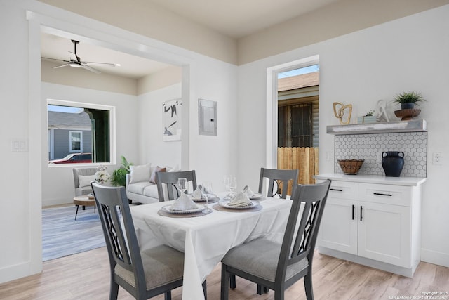 dining room featuring a ceiling fan, electric panel, light wood-style flooring, and baseboards