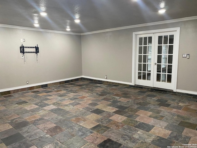 interior space with crown molding, french doors, stone finish floor, and baseboards