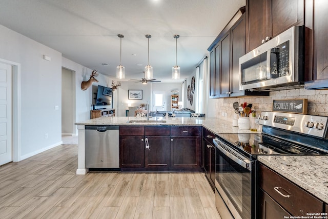 kitchen featuring backsplash, appliances with stainless steel finishes, open floor plan, a sink, and a peninsula