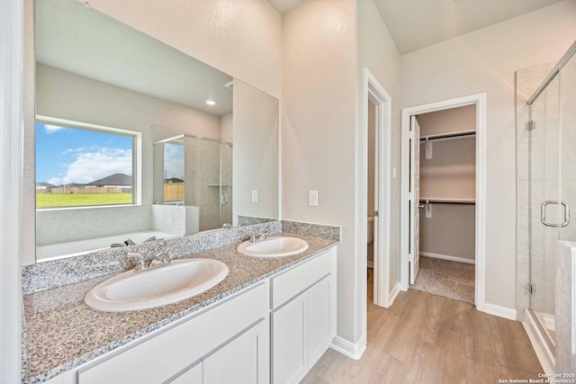 full bath with wood finished floors, a stall shower, a sink, and a walk in closet