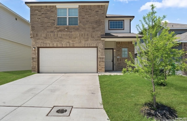 view of front of property with driveway, an attached garage, a front yard, and brick siding