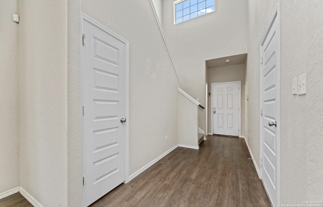 entryway with dark wood-style floors, a high ceiling, and baseboards