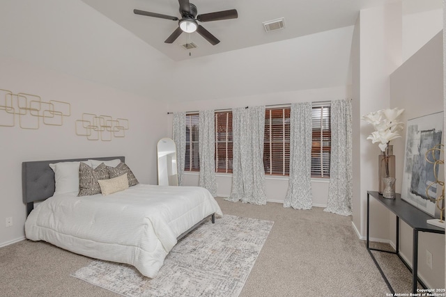 bedroom with carpet floors, baseboards, visible vents, and ceiling fan