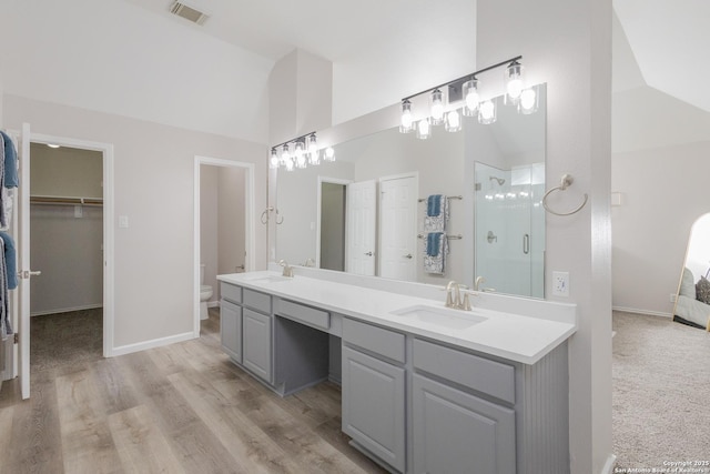 bathroom featuring visible vents, vaulted ceiling, and a sink