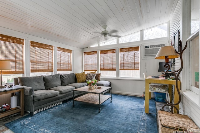 sunroom / solarium with lofted ceiling, wood ceiling, a ceiling fan, and a wall mounted air conditioner