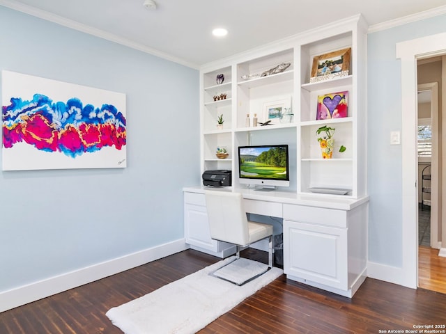 office with recessed lighting, baseboards, dark wood-style flooring, and crown molding