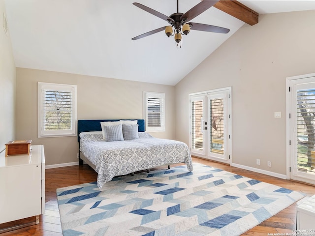 bedroom with beamed ceiling, baseboards, light wood-style flooring, ceiling fan, and access to outside