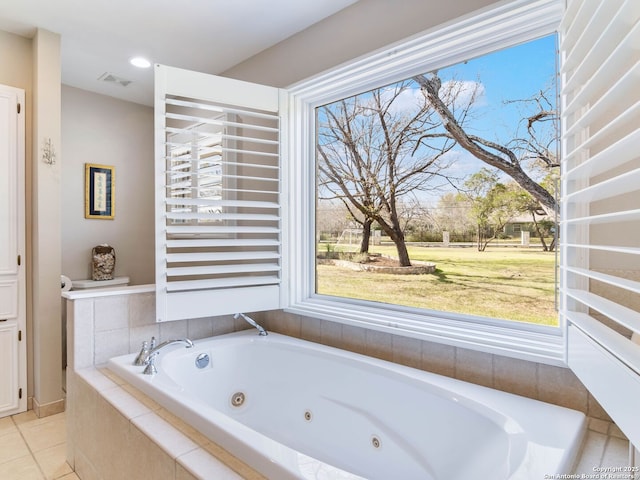 full bath with recessed lighting, visible vents, a whirlpool tub, and tile patterned flooring