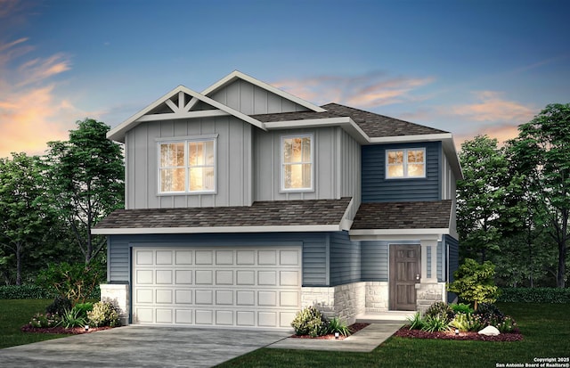 craftsman house featuring an attached garage, a shingled roof, concrete driveway, stone siding, and board and batten siding