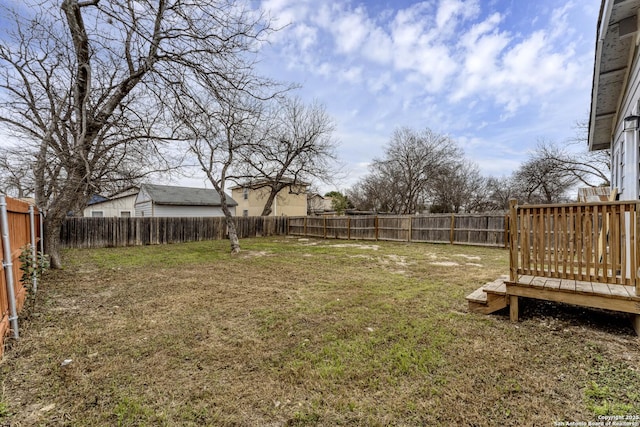 view of yard featuring a fenced backyard and a wooden deck