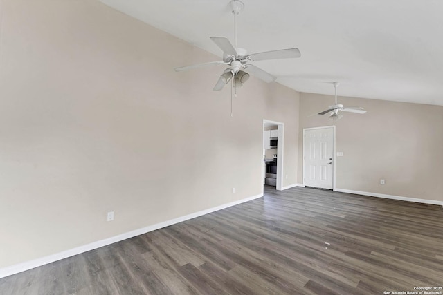 unfurnished room with ceiling fan, high vaulted ceiling, dark wood-style flooring, and baseboards