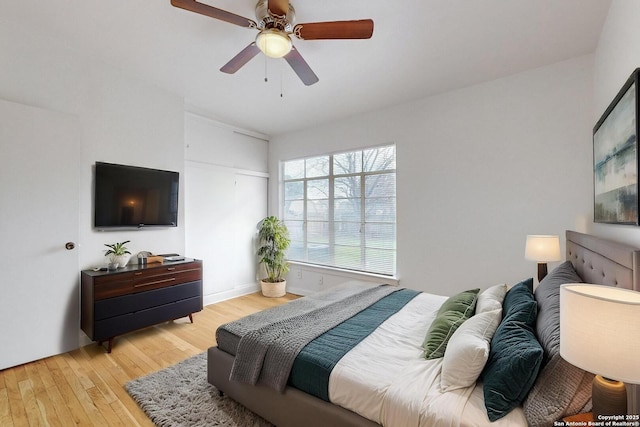 bedroom featuring wood-type flooring and ceiling fan