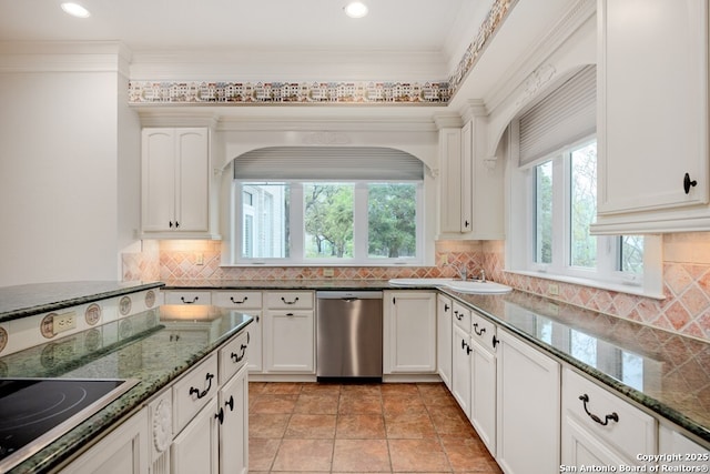 kitchen featuring black electric stovetop, backsplash, ornamental molding, dark stone counters, and dishwasher