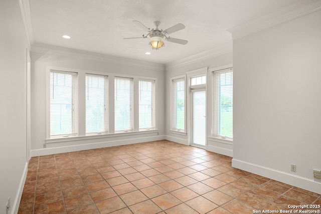 unfurnished room featuring ceiling fan, ornamental molding, light tile patterned flooring, and baseboards