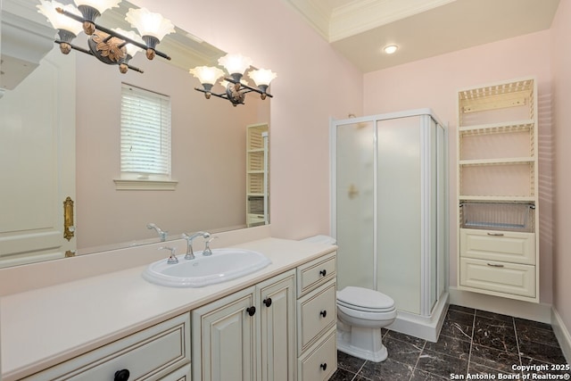 full bathroom featuring toilet, a shower stall, a chandelier, and vanity