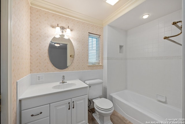 full bath featuring shower / tub combination, toilet, vanity, ornamental molding, and wallpapered walls