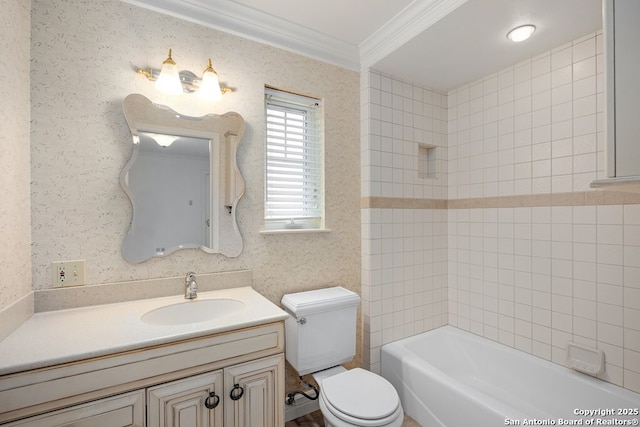 full bath with shower / bathtub combination, toilet, vanity, ornamental molding, and wallpapered walls