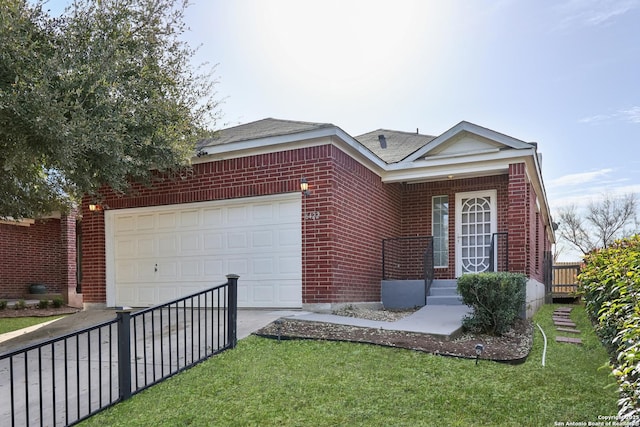 ranch-style house featuring brick siding, a front yard, fence, a garage, and driveway