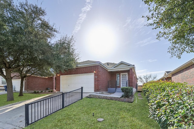 view of front facade with a garage, brick siding, driveway, and a front lawn