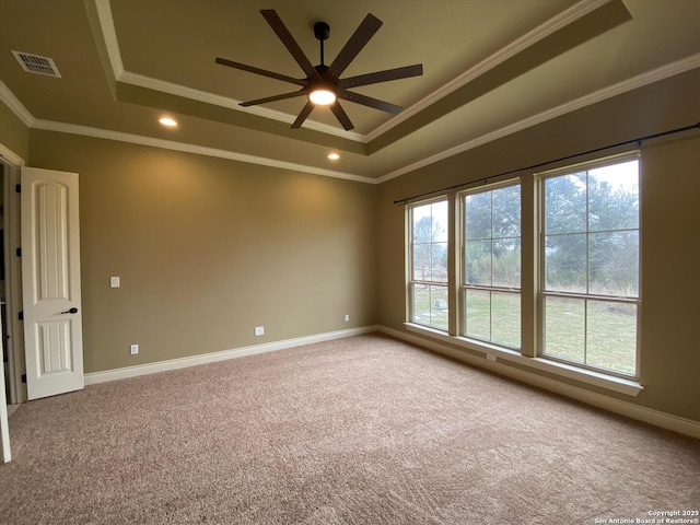 carpeted spare room featuring a tray ceiling and baseboards