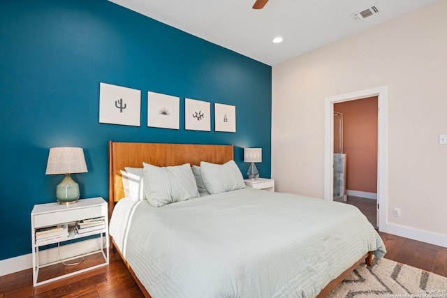 bedroom with a ceiling fan, wood finished floors, baseboards, visible vents, and recessed lighting