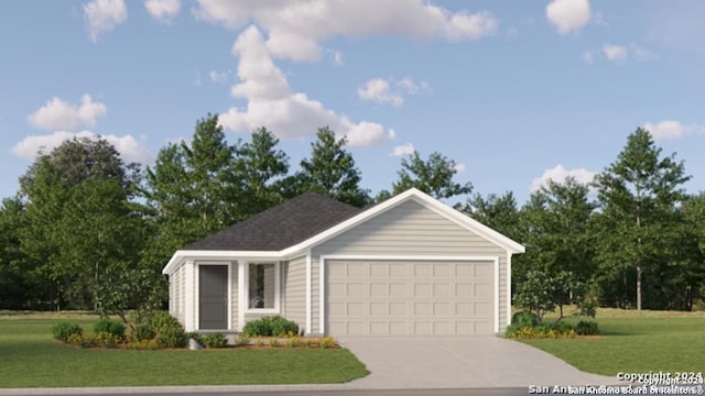 ranch-style house featuring an attached garage, concrete driveway, roof with shingles, and a front yard