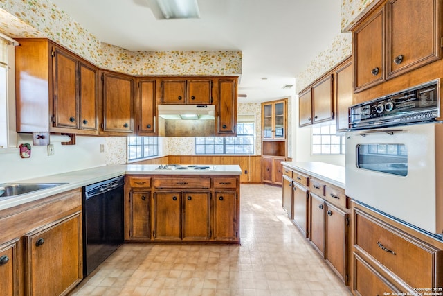 kitchen with a wealth of natural light, white appliances, brown cabinets, and under cabinet range hood