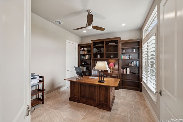 office area featuring visible vents, baseboards, a wealth of natural light, and recessed lighting