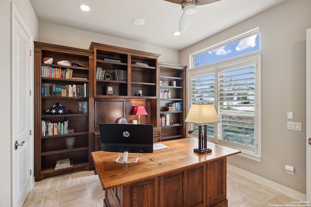 office with a ceiling fan, recessed lighting, and baseboards