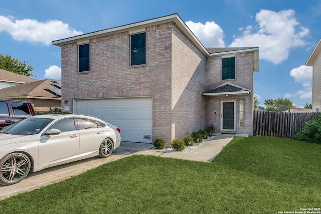 traditional home with a front lawn, fence, concrete driveway, a garage, and brick siding