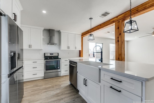 kitchen with a sink, visible vents, appliances with stainless steel finishes, wall chimney exhaust hood, and tasteful backsplash