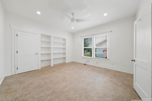 unfurnished bedroom with baseboards, ceiling fan, carpet flooring, and recessed lighting