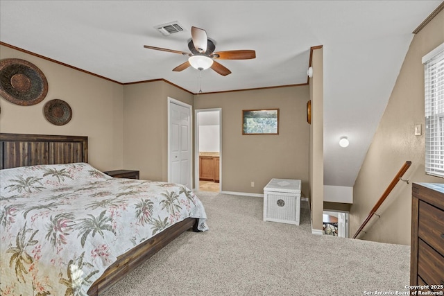 bedroom with baseboards, carpet, visible vents, and crown molding