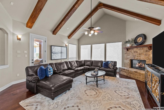 living area with a fireplace, wood finished floors, high vaulted ceiling, beamed ceiling, and baseboards