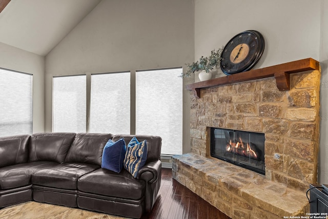 living room with lofted ceiling, wood finished floors, and a stone fireplace