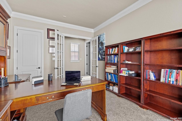 office featuring ornamental molding, carpet floors, and french doors