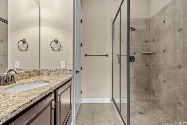 full bathroom with tile patterned floors, a shower stall, and vanity