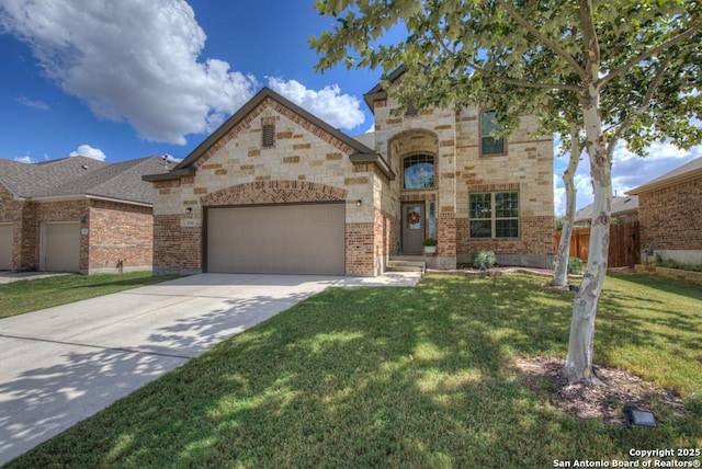 view of front of house featuring an attached garage, fence, a front lawn, and brick siding