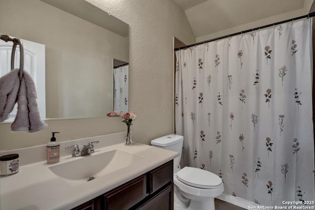 bathroom with a textured wall, a shower with shower curtain, toilet, vaulted ceiling, and vanity