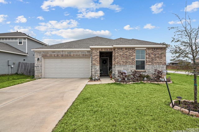 ranch-style home featuring an attached garage, brick siding, a shingled roof, driveway, and a front lawn