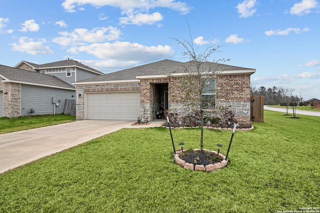 single story home with driveway, stone siding, an attached garage, a front lawn, and brick siding