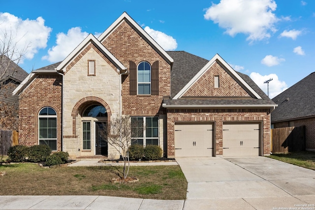 view of front of property with a shingled roof, stone siding, brick siding, and driveway