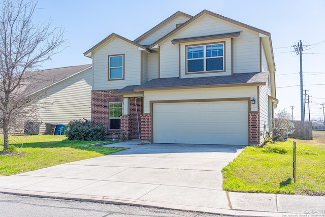 view of front of home featuring driveway, a garage, a shingled roof, brick siding, and a front yard